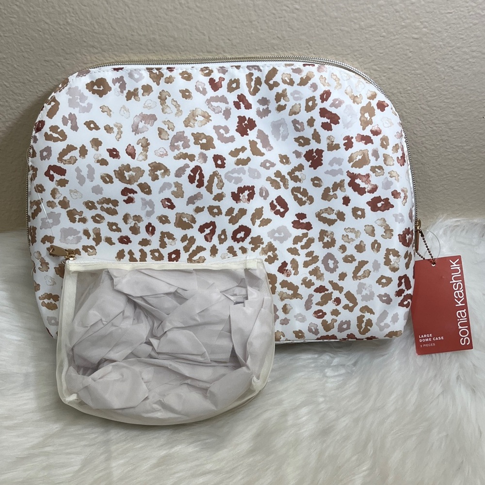 NWT Sonia Kashuk Cream Brown Leopard Cosmetic Large Bag 2 Pieces